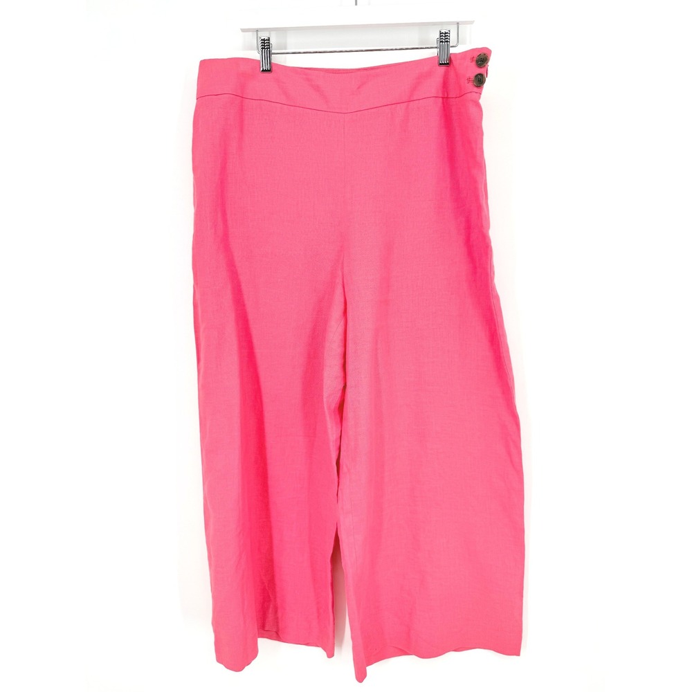 Talbots Linen Wide Leg Pants Womens 14 Pink Good High Rise Side Button‎ Casual